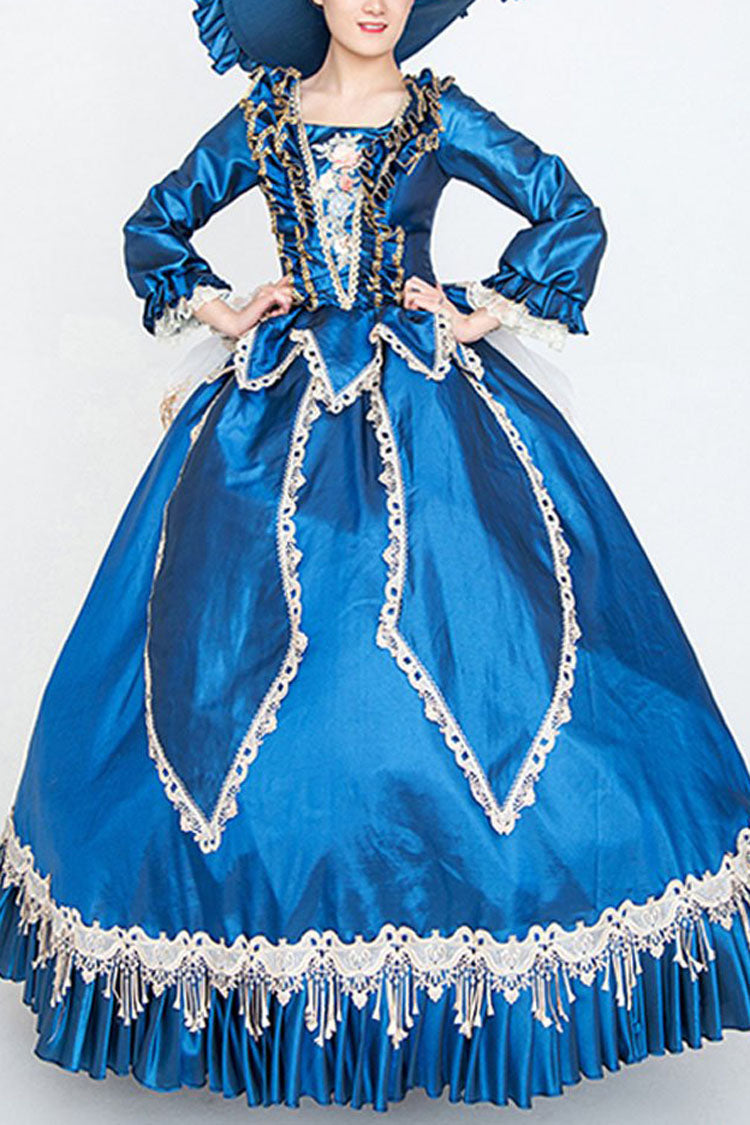Blue Long Sleeves High Waisted Trailing Ruffled Victorian Lolita Prom Dress