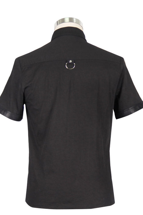 Black Locomotive Lapel Collar Short Sleeves Cotton Mens Punk Blouse