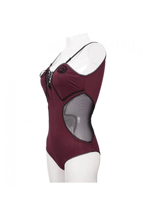 Wine Red Waist Splice Mesh Lace Up Gothic One Piece Swimsuit