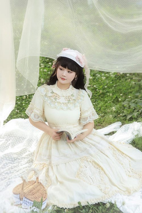 Beige Ruffled Round Collar Lace Cross Floral Embroidery Short Sleeves Plus Size Sweet Lolita OP Dress
