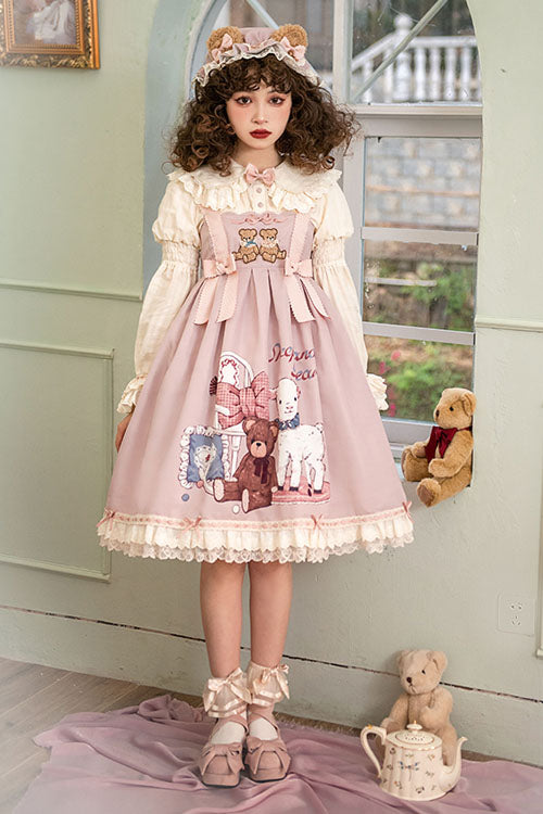 Pink Sheep & Bear Print Alice Girl Bowknot Ruffled Sweet Lolita JSK Dress
