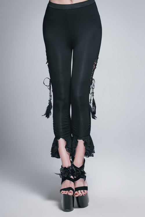 Black Side Hollow Out Lace Up Slit Lace Hem Gothic Womens Pants