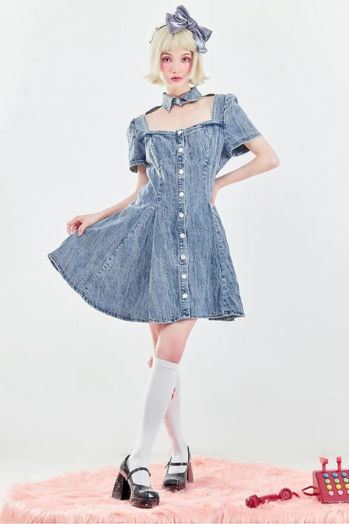 Blue Short Sleeves Single Breasted Ruffled Denim Sweet Lolita OP Dress