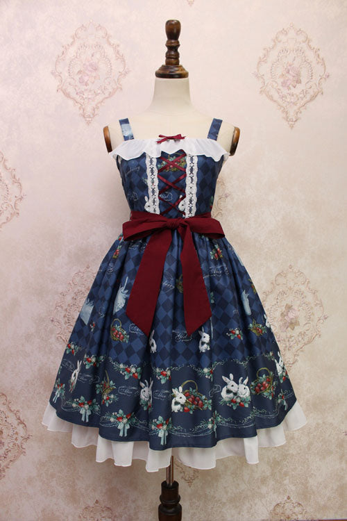 Strawberry Bunny Print Bowknot Ruffled Sweet Lolita JSK Dress 4 Colors