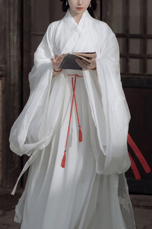 White Ancient Chinese Wide Sleeved God Girl Sweet Hanfu Dress Full Set