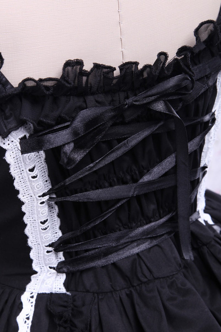 Black/White Cap Sleeves Ruffled Bowknot Lace Trim Gothic Lolita Dress