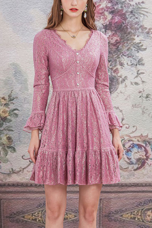 Pink Lace V Collar Pleated Trumpet Sleeves High Waisted Sweet Lolita OP Dress