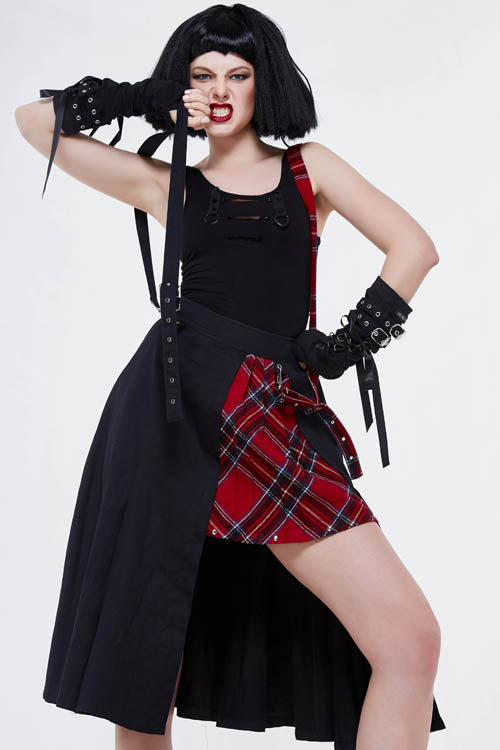 Black And Red Young Girls Fake 2 Pieces Scottish Plaid With Adjust Loops Punk Skirt