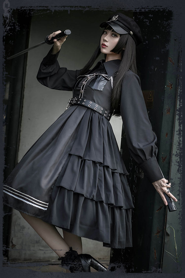 Dark V Neck Bowknot Rivets Epaulettes Sleeveless Military Uniform PU Gothic Lolita Jsk Dress