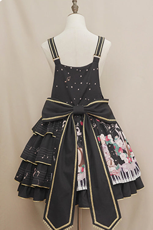 Black Multi-Layer Ruffled Note Bear Print Sweet Lolita JSK Dress