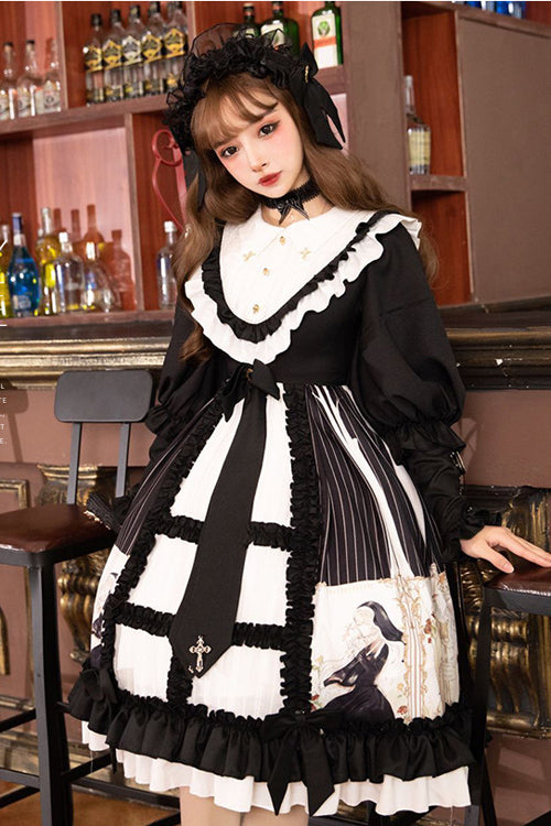 Black Doll Collar Long Sleeves Ruffled Anthem Print Gothic Lolita OP Dress