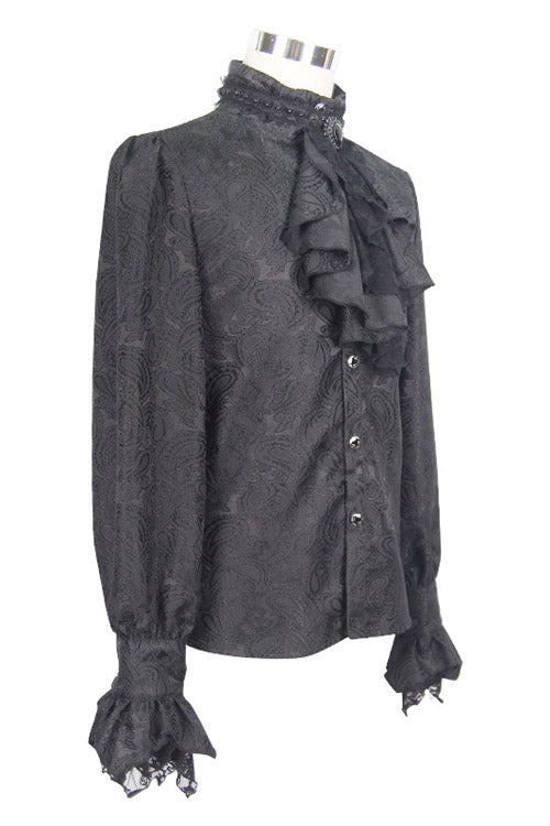 Black Shining Rose Print Lace Cuff Mens Gothic Blouse