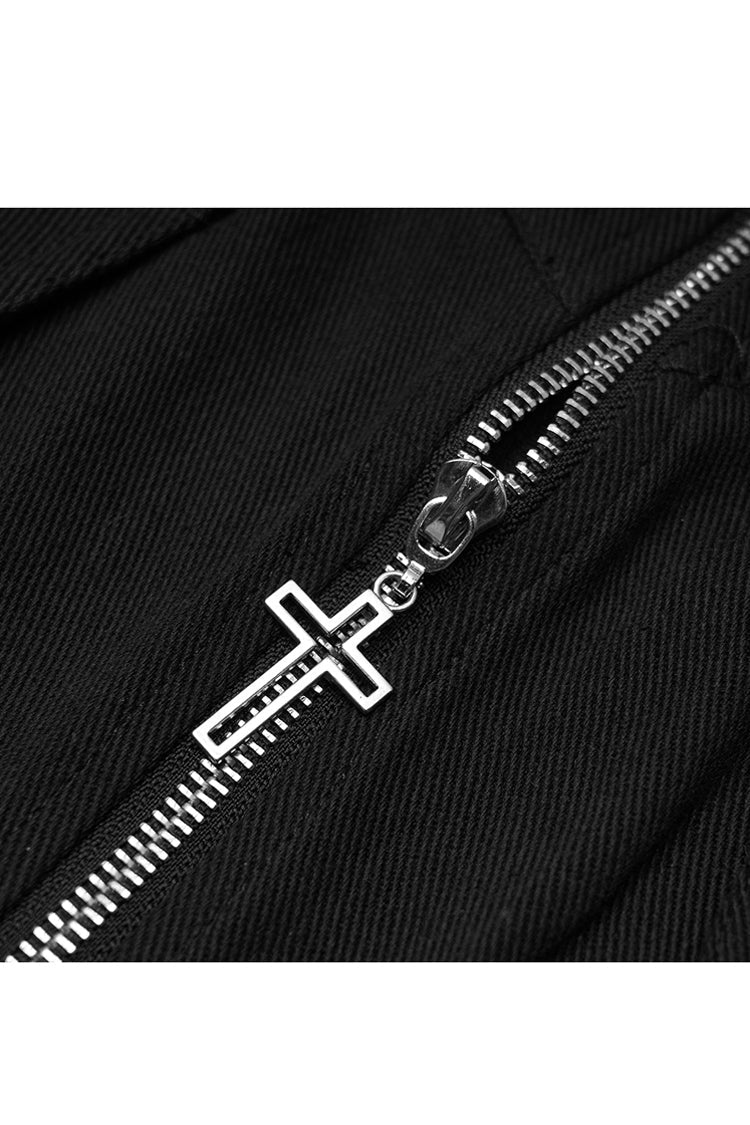 Black High Waist Front Zipper Metal Eyelets Belt Side Pocket Women's Punk Denim Skirt