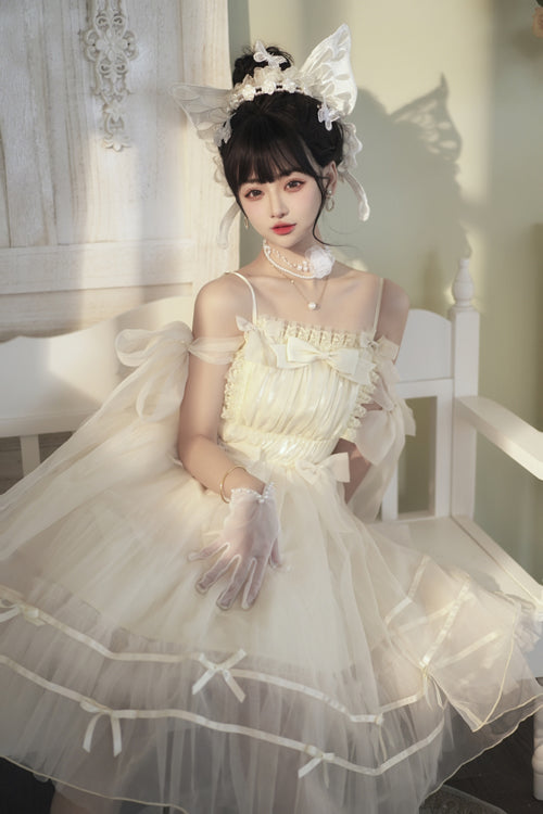 Beige Small Ballet High Waisted Bowknot Chiffon Short Version Sweet Lolita JSK Dress