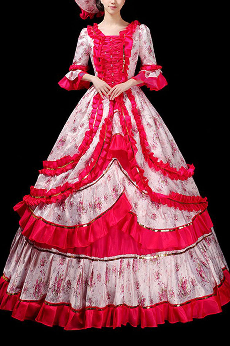 Floral Print Half Sleeves Stitching Ruffled Multi-Layer Victorian Lolita Prom Dress