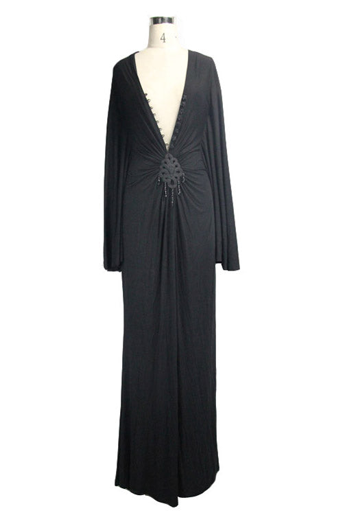 Black Frog Button Sexy Bat Sleeve Deep V Neck Gothic Womens Dress
