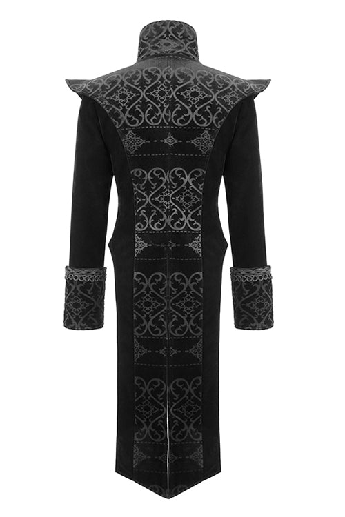 Black High Collar Chinese Palace Floral Pattern Velvet Long Mens Gothic Coat