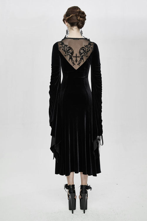 Black Flocking Pattern Trumpet Sleeve Sexy Womens Gothic Fitted Velvet Dress