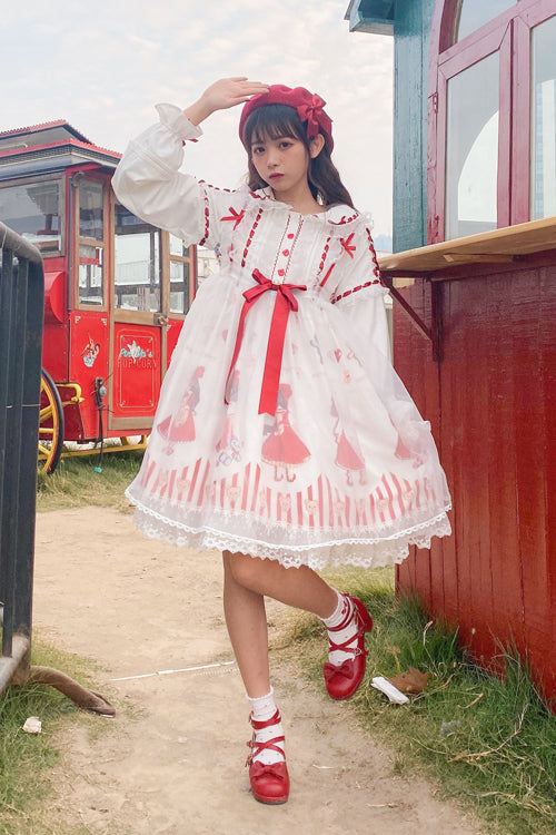 Red/White Chiffon Round Collar Ruffled Long Sleeve High Waist Princess Print Sweet Lolita Dress