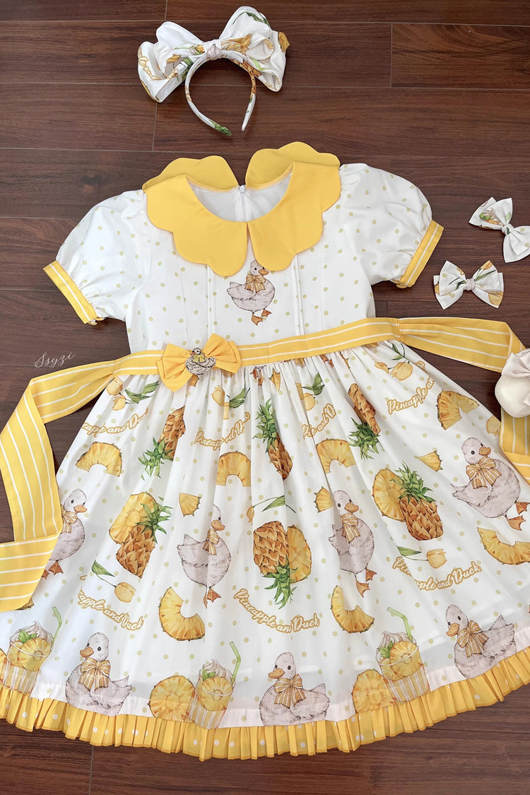 White/Yellow Sweet Duck Print Bowknot Puff Short Sleeves Lolita OP Dress