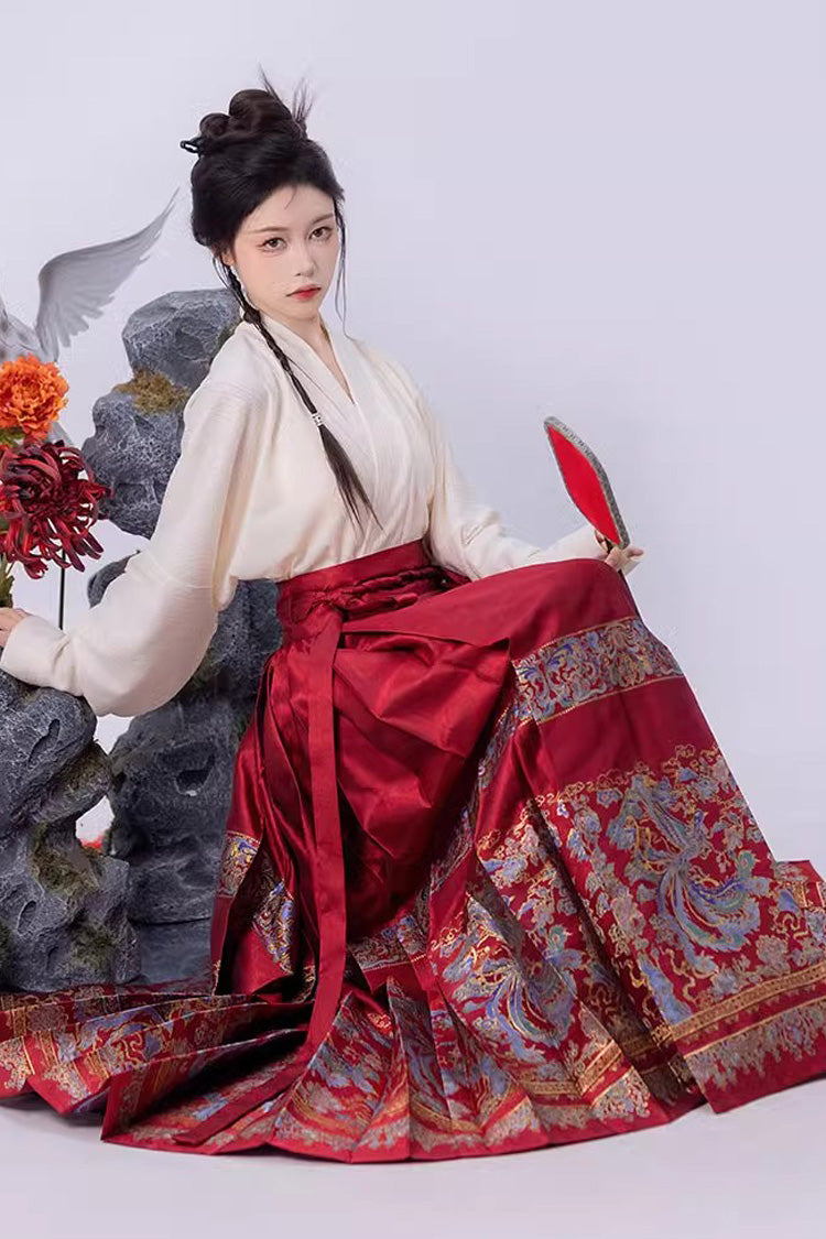 Red Chinese Style Print High Waisted Womens Hanfu Skirt