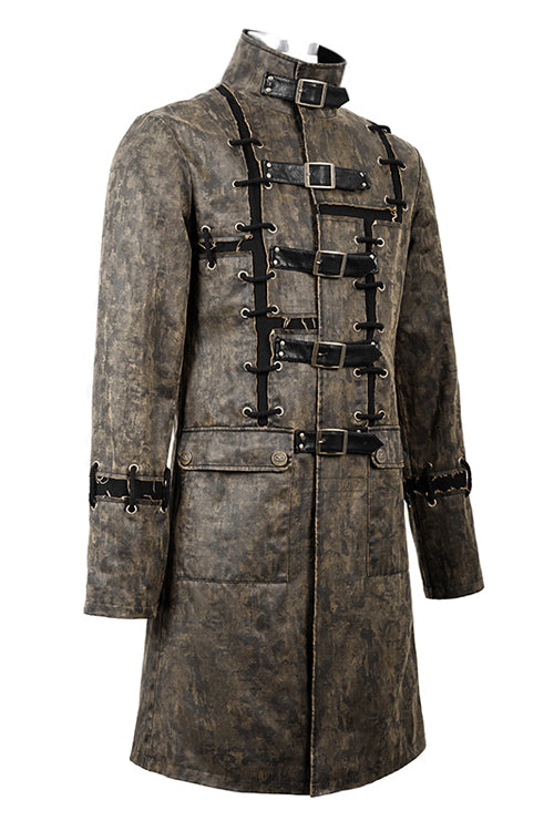 Brauner Steampunk Patch Herren Langer Ledermantel