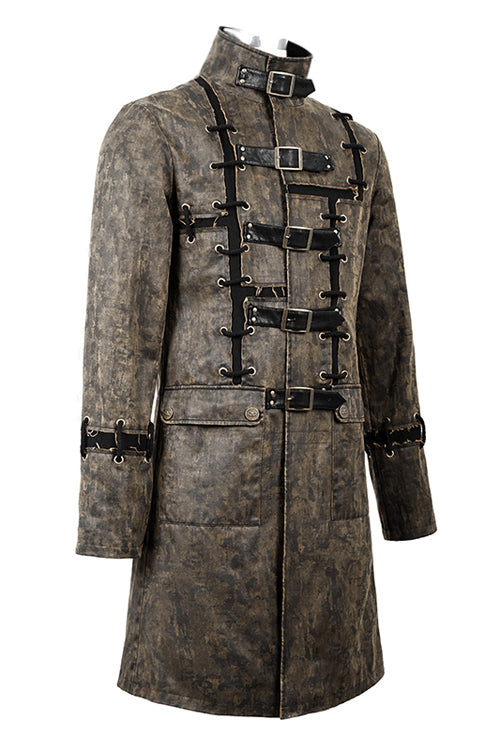 Brown Steampunk Patch Mens Long Leather Coat