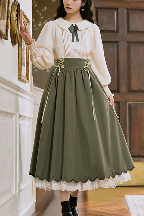 Solid Color High Waisted Lace Wave Hem Two Pieces Classic Lolita Dress