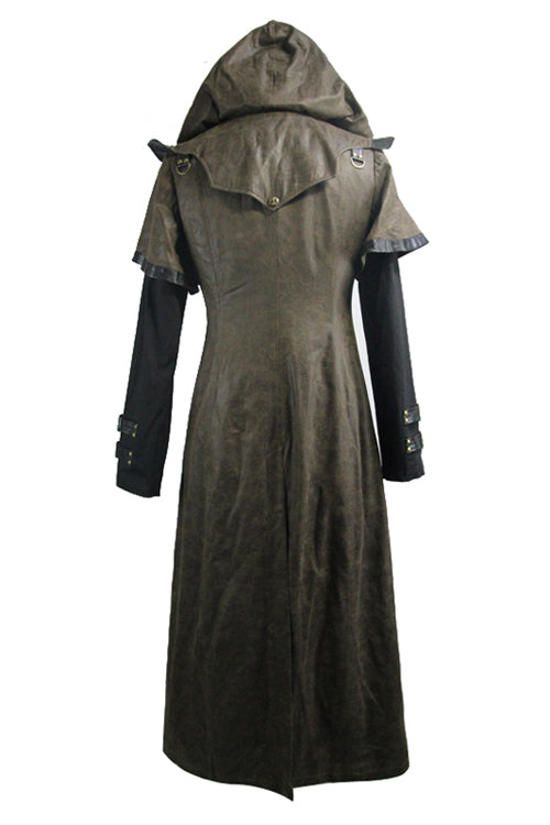 Double Sleeves Steampunk Brown Leather Hooded Mens Long Coat