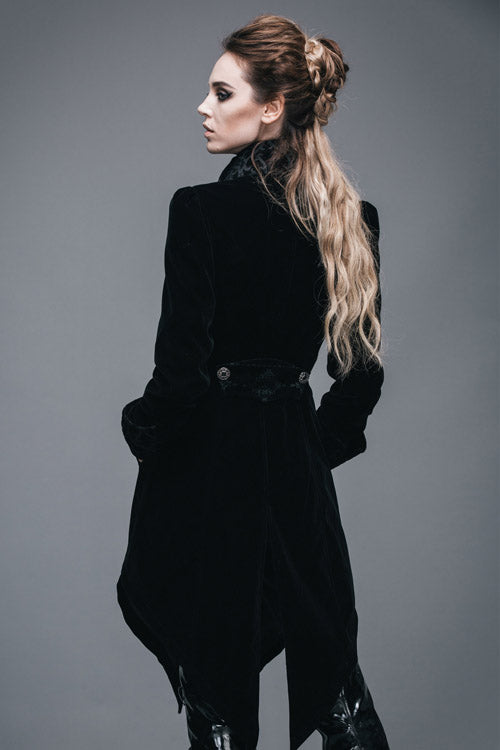 Black Embroidered High Collar Dovetail Velveteen Womens Gothic Coat