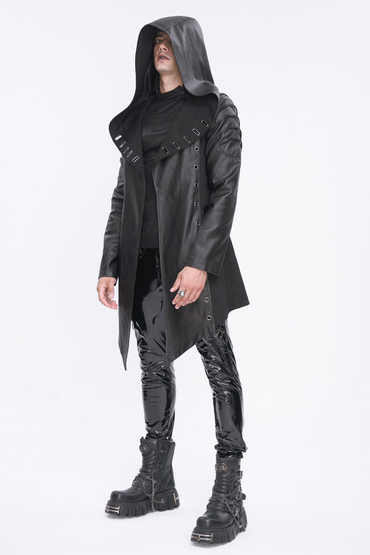 Black Irregular Eyelet Men's Gothic Jacket With Hood