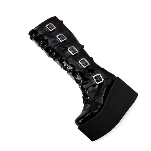 Black Cross Patent Leather Lace Up Long Gothic Lolita Boots