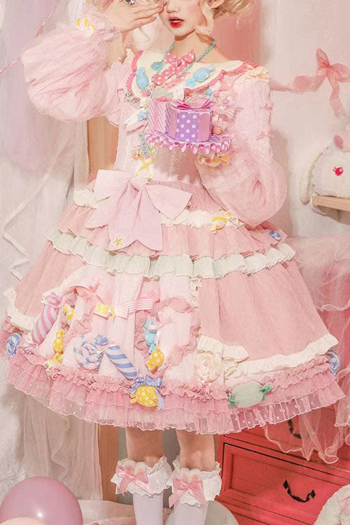 Pink Candy Party Lace Long Sleeves Bowknot Multi-Layer Ruffled Sweet Lolita JSK Dress