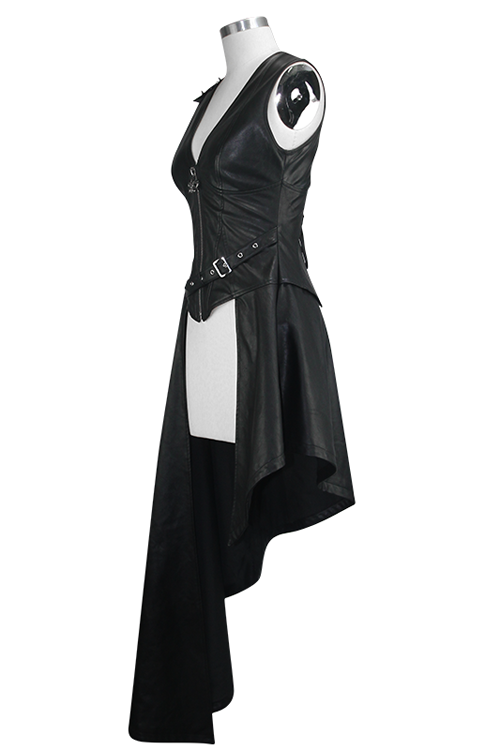Schwarzes, asymmetrisches, ärmelloses Punkrock-Lederkleid für Damen in mittlerer Länge mit Reißverschluss