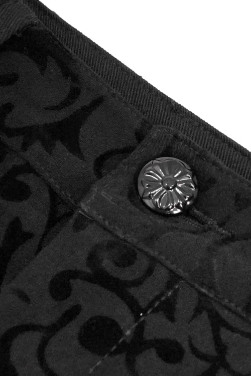 Schwarze Gothic-Hose mit Flockmuster und Schnürung, asymmetrische Seite