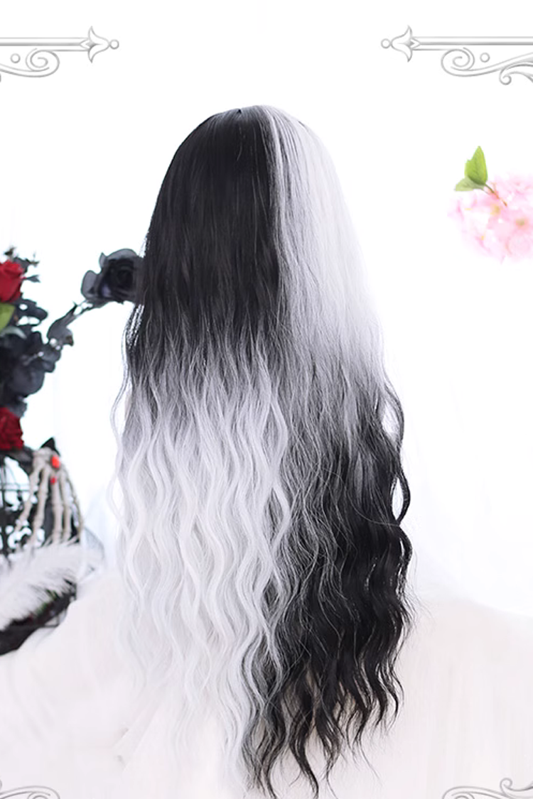 Black And White Color Matching Long Wavy Curly Hair Gothic Lolita Wigs