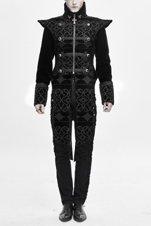 Black High Collar Chinese Palace Floral Pattern Velvet Long Mens Gothic Coat