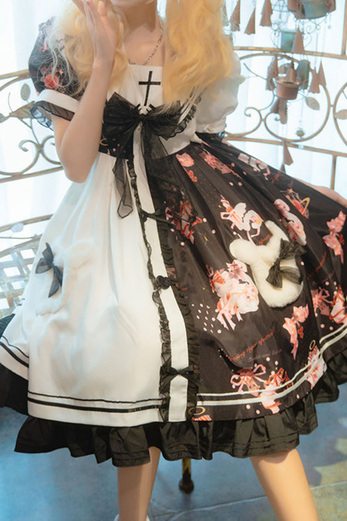 ブラック/ホワイト ネイビーカラー 半袖 ストロベリー ベア プリント フリル裾 スイート ロリータ ドレス