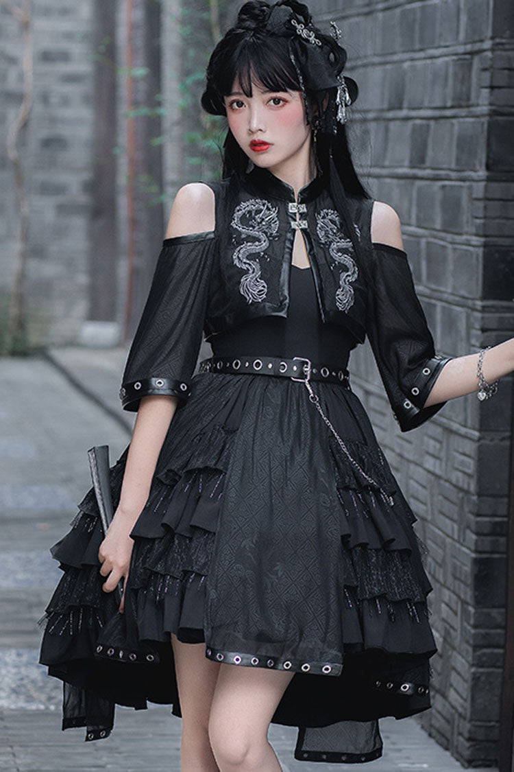 Dark Boat Neck Dragon Print Chinese Style High Waisted Multi-Layer Ruffled Gothic Lolita Jsk Dress