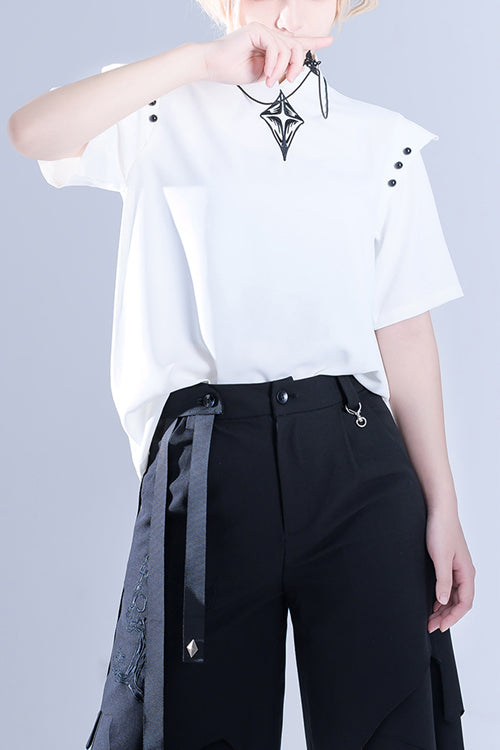 White Stand Collar Shoulder Expansion Spooky Shadow Embroidered Ouji Lolita Short Sleeves
