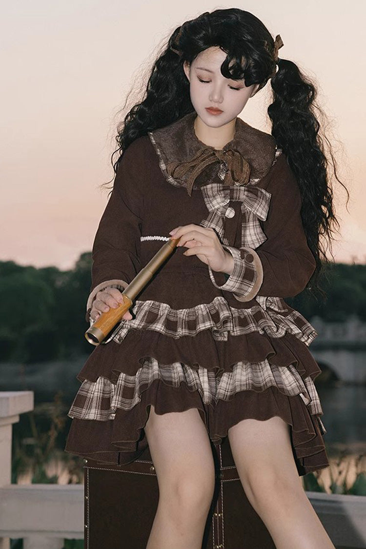 Dark Brown Multi-layer Bowknot College Style Autumn Winter Princess Sweet Lolita Skirt Set