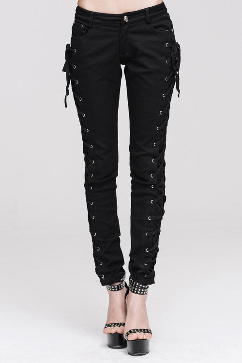 Black Lace Up Punk Classic Stretchy Womens Pants