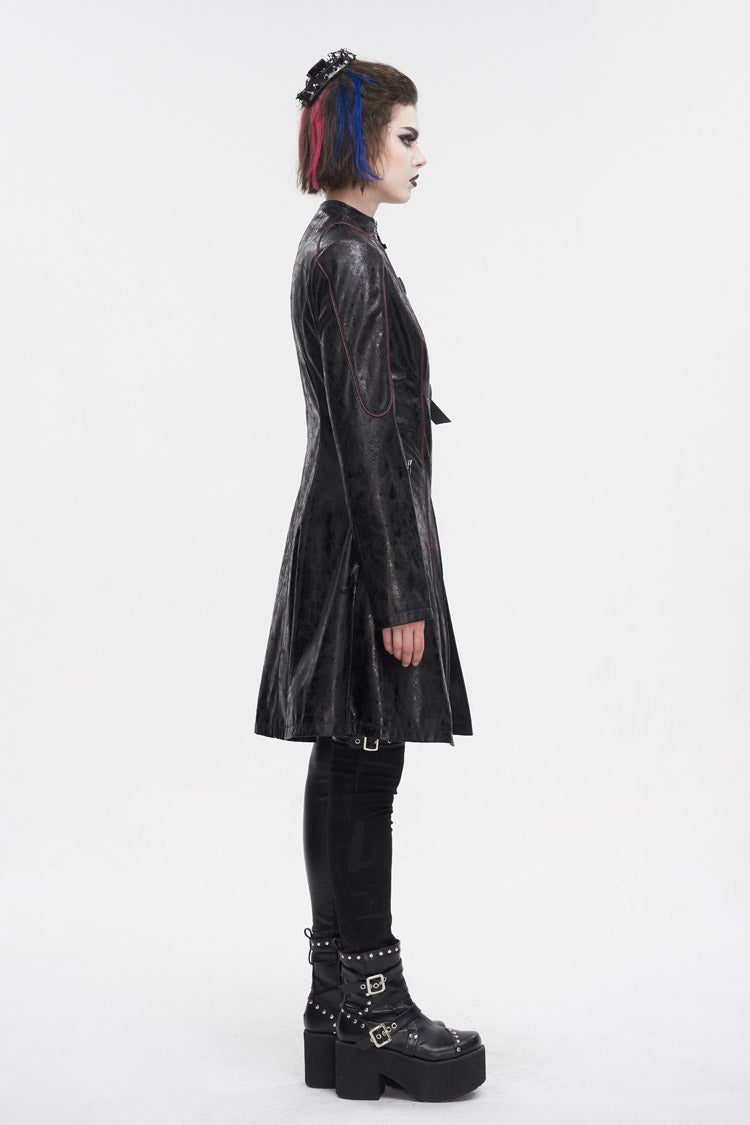 Black Double Buckle Faux Leather Long Women's Punk Coat