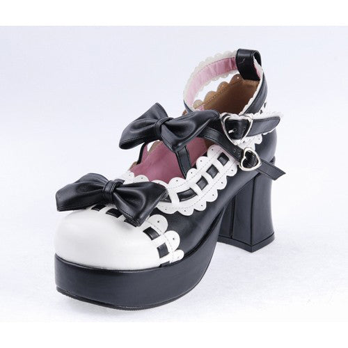 Black & White Patent Leather Round Toe Ankle Straps Bow Decoration Platform Lolita Shoes