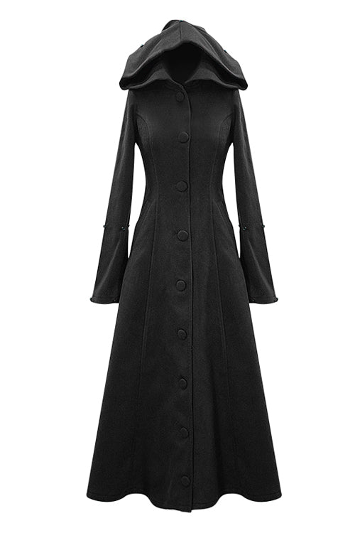 Black Gothic Double Faced Woolen Hooded Long Sexy Women Coat