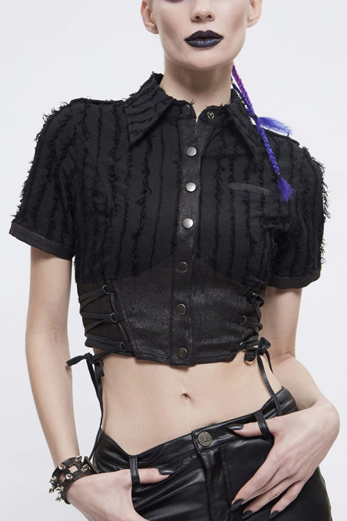 Schwarze zerfetzte Punk-Bluse für Damen mit kurzen Ärmeln