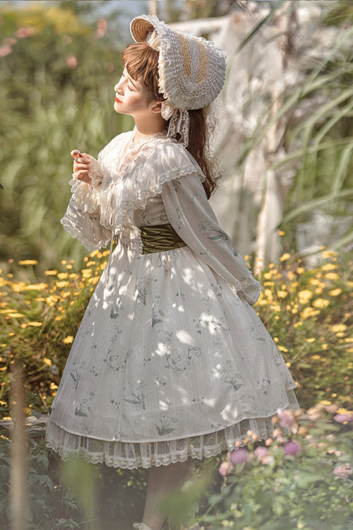 Beige Lace Round Collar Ruffled Lantern Sleeves Fresh Floral Print Sweet Lolita OP Dress
