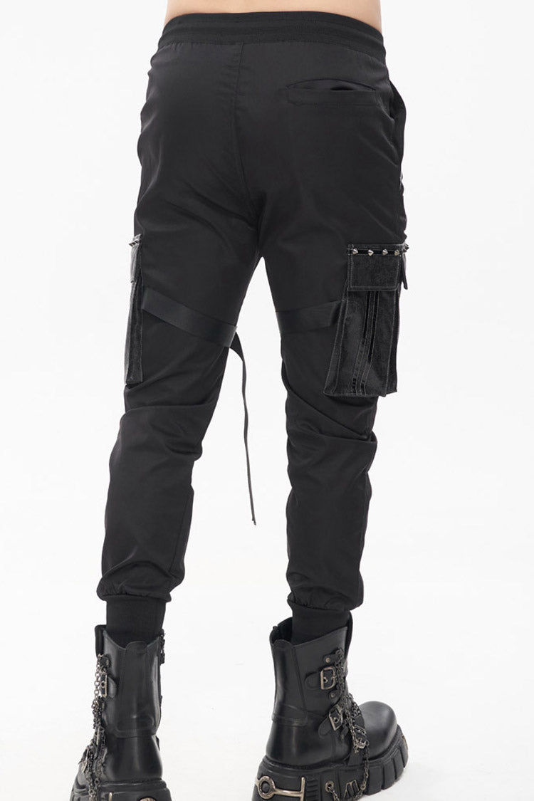 Black Punk Multi-Pocket Leather Splicing Metal Leg Ring Men's Pants
