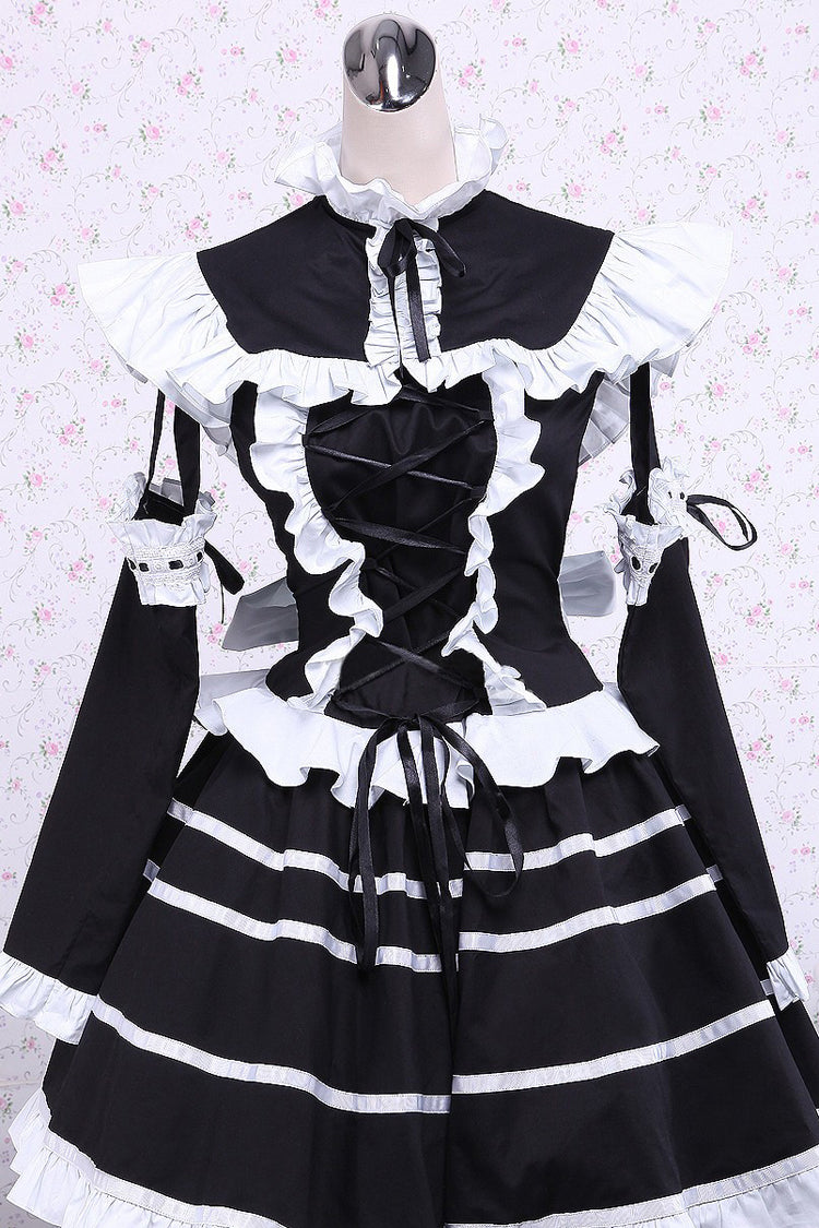 Black Cotton Stand Collar Long Sleeves Ruffled Bowknot Gothic Lolita Dress