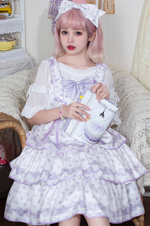 Polka Dot Print Sleeveless Bowknot Multi-Layer Ruffled High Waisted Sweet Lolita Tiered JSK Dress